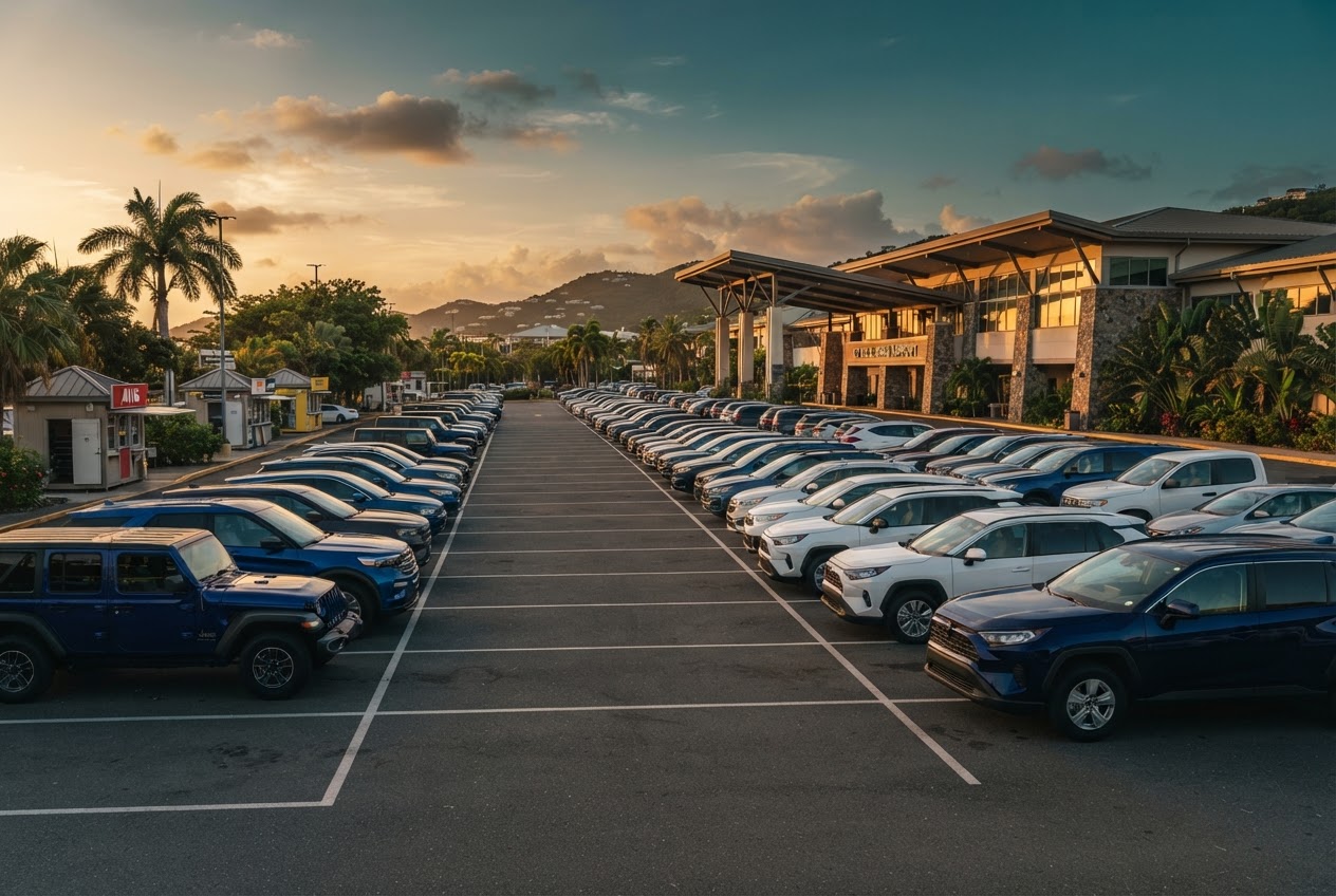 Rental SUVs and Jeeps at the Cyril E. King Airport rental car facility in St. Thomas at golden hour