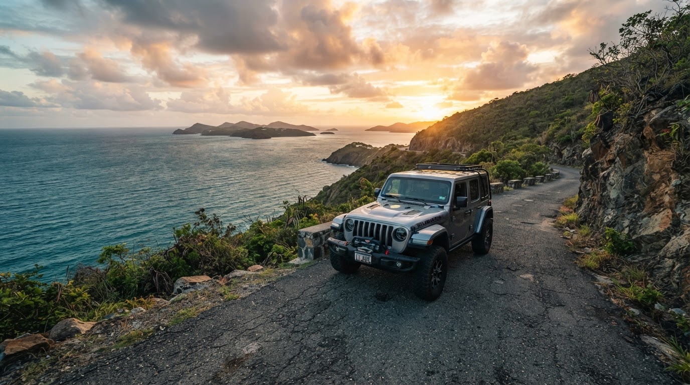 A vehicle on a scenic road in St. Thomas, U.S. Virgin Islands