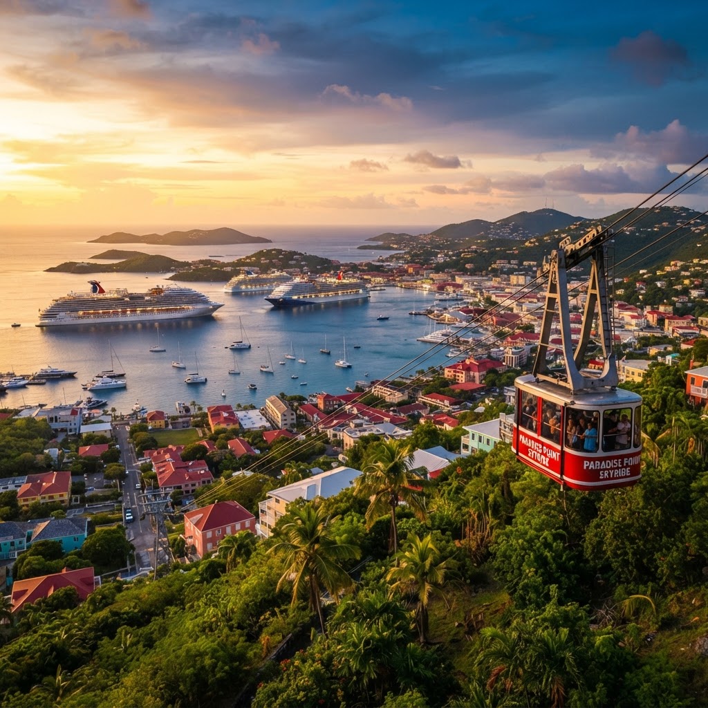 Paradise Point aerial tramway overlooking Charlotte Amalie harbor at sunset