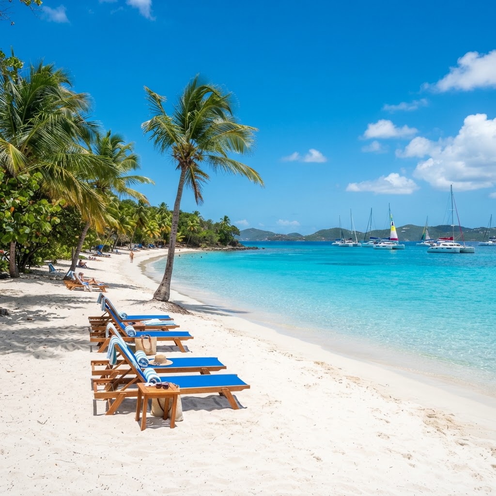 Sapphire Beach in St. Thomas with white sand, palm trees, and turquoise water