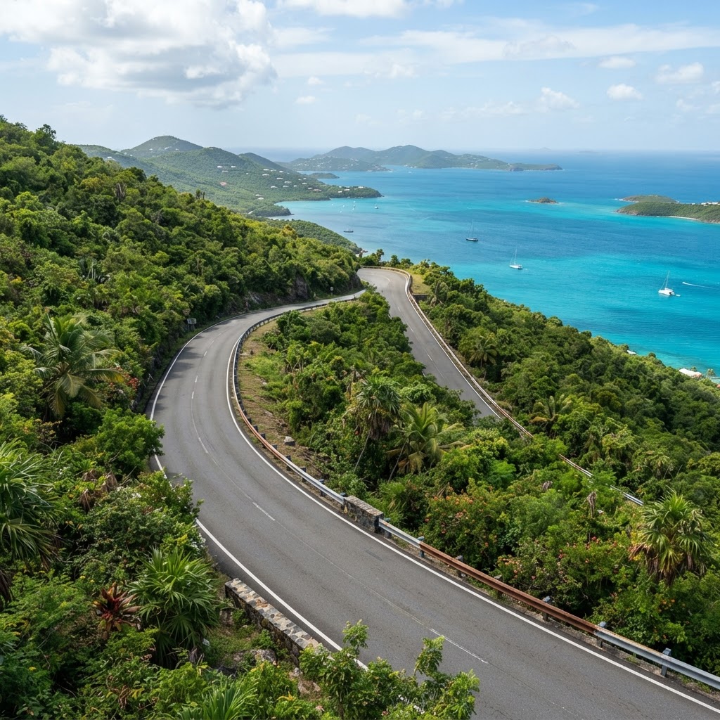 A winding mountain road in St. Thomas, U.S. Virgin Islands
