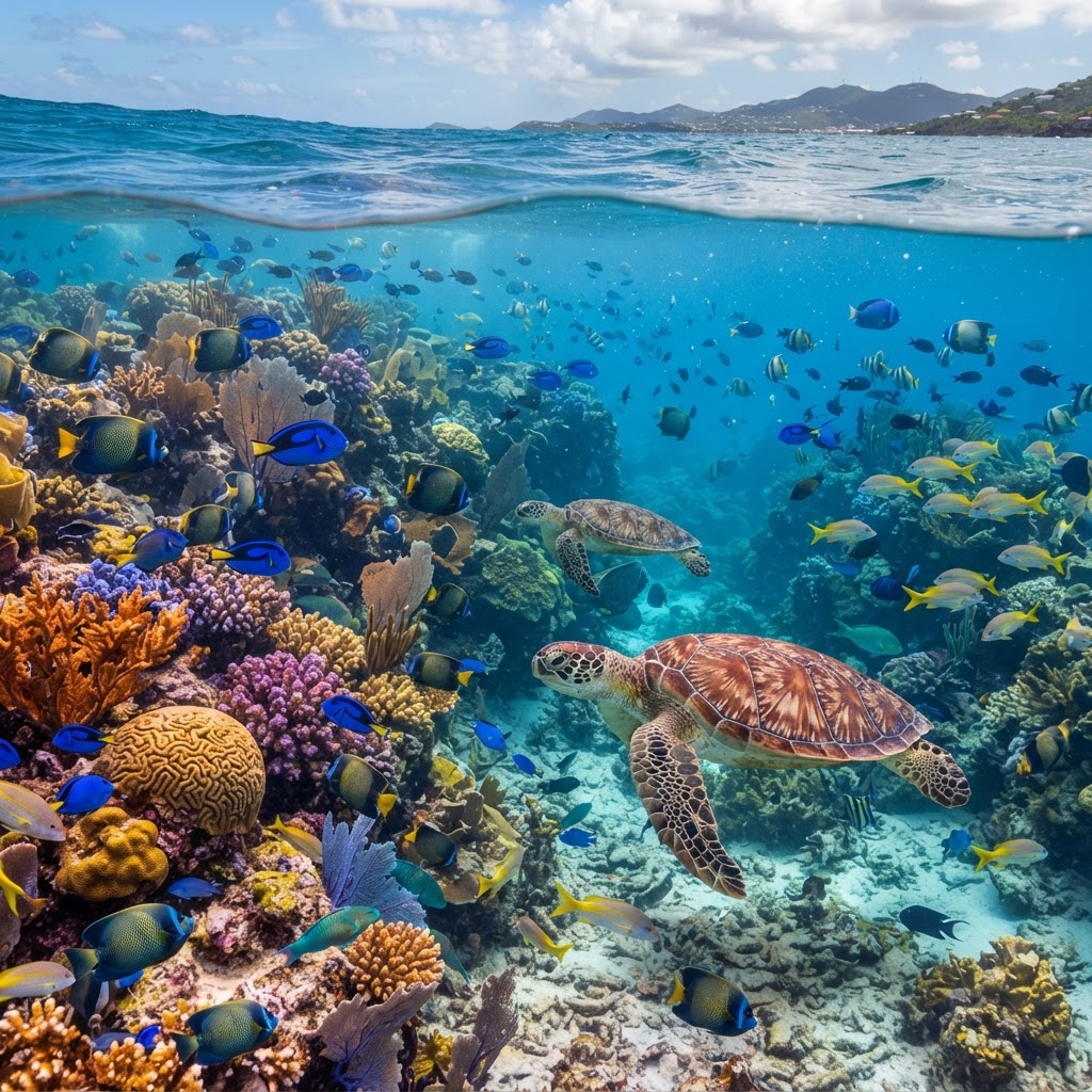 Underwater coral reef with tropical fish in the Caribbean