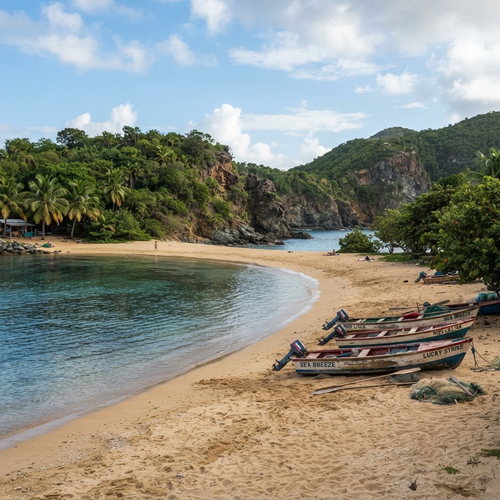 Secluded Hull Bay beach with golden sand and fishing boats in St. Thomas