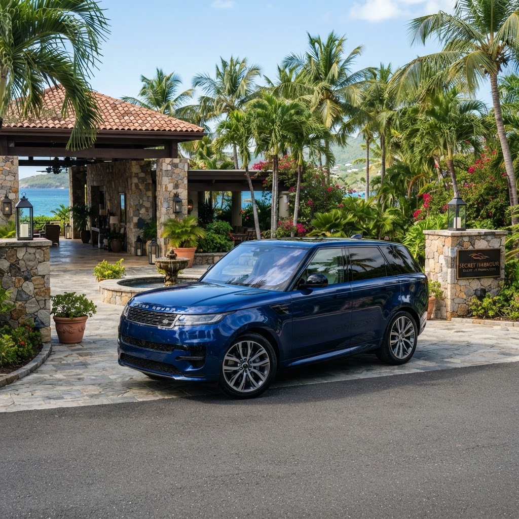 A clean dark premium SUV parked at a tropical resort entrance in St. Thomas