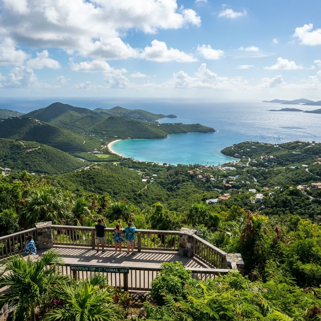 Panoramic view of green hills and ocean from a mountain top in St. Thomas