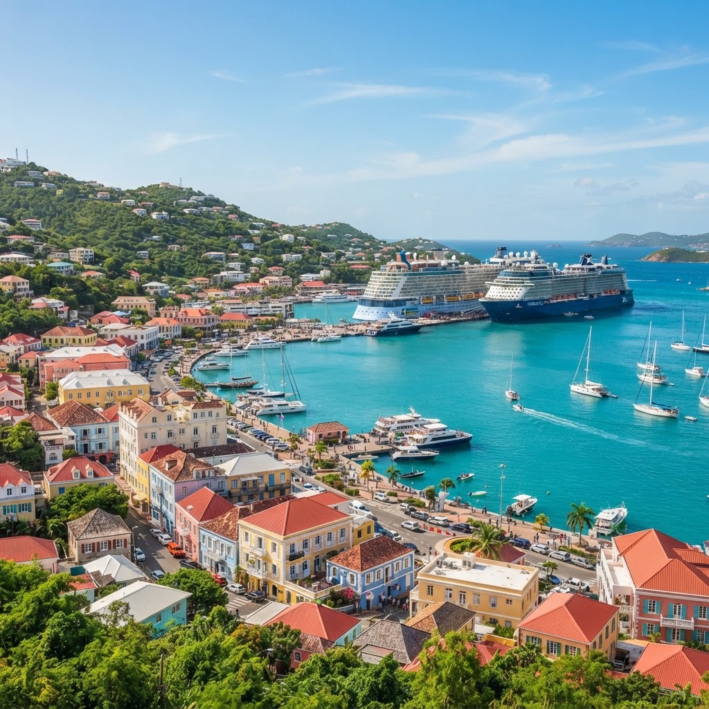 Colorful historic buildings along the waterfront in Charlotte Amalie, St. Thomas