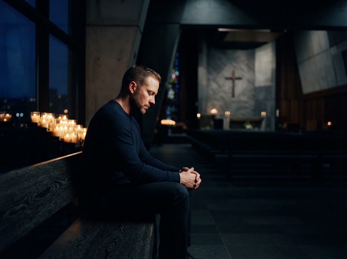 Law enforcement officer in a moment of peace, bathed in warm candlelight