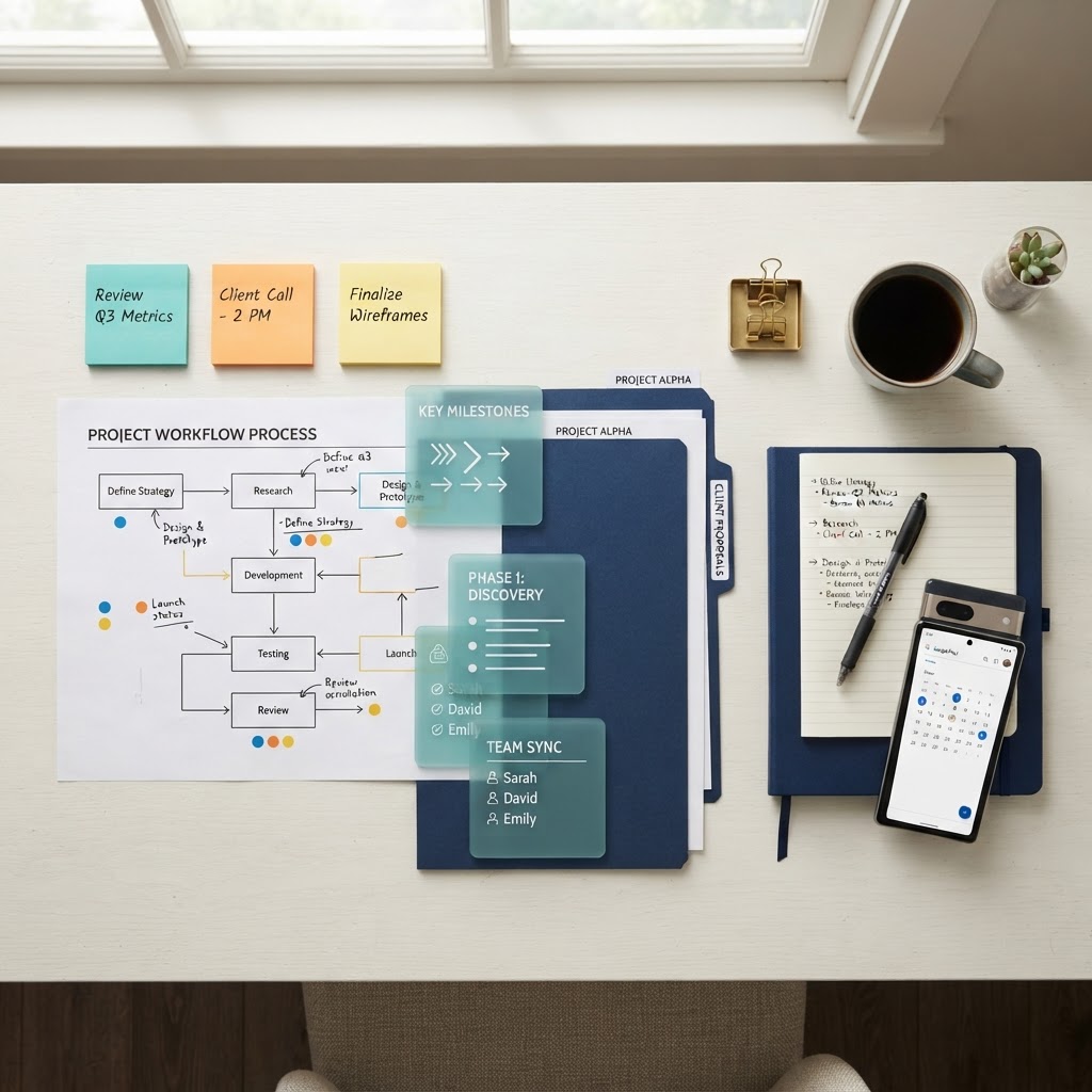 Top-down desk with organized business process charts, navy folders, and teal overlays
