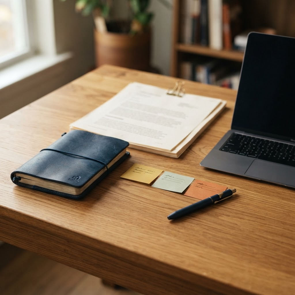 Cluttered notebook desk