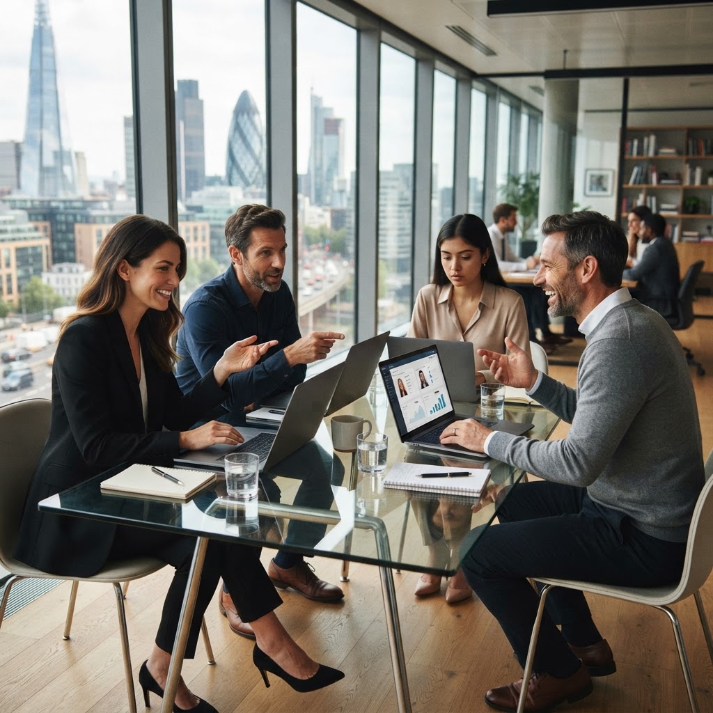 Team of four professionals reviewing candidate data around a glass meeting table with a city skyline behind
