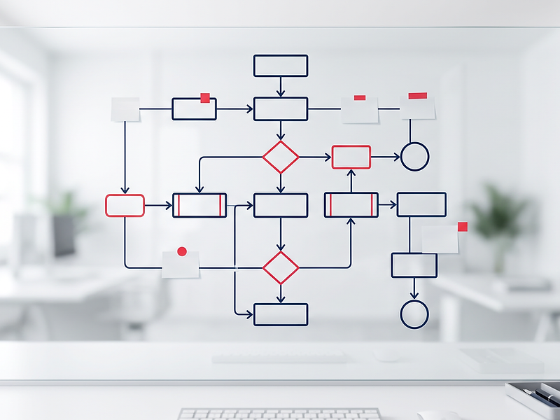 Workflow whiteboard mapping a CRM and process flowchart