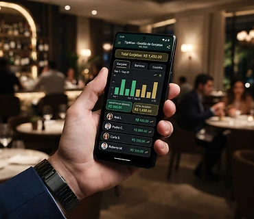 Depois: app CaixinhaPro no celular com gestão digital de gorjetas