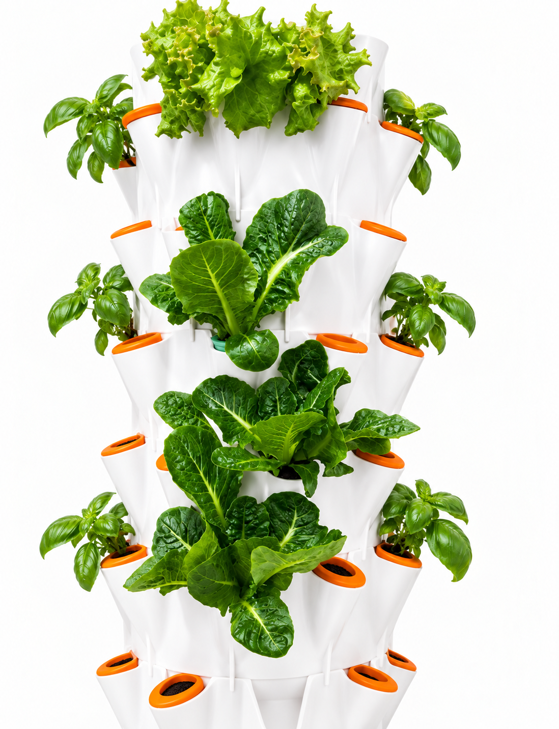White hydroponic tower filled with lettuce and basil