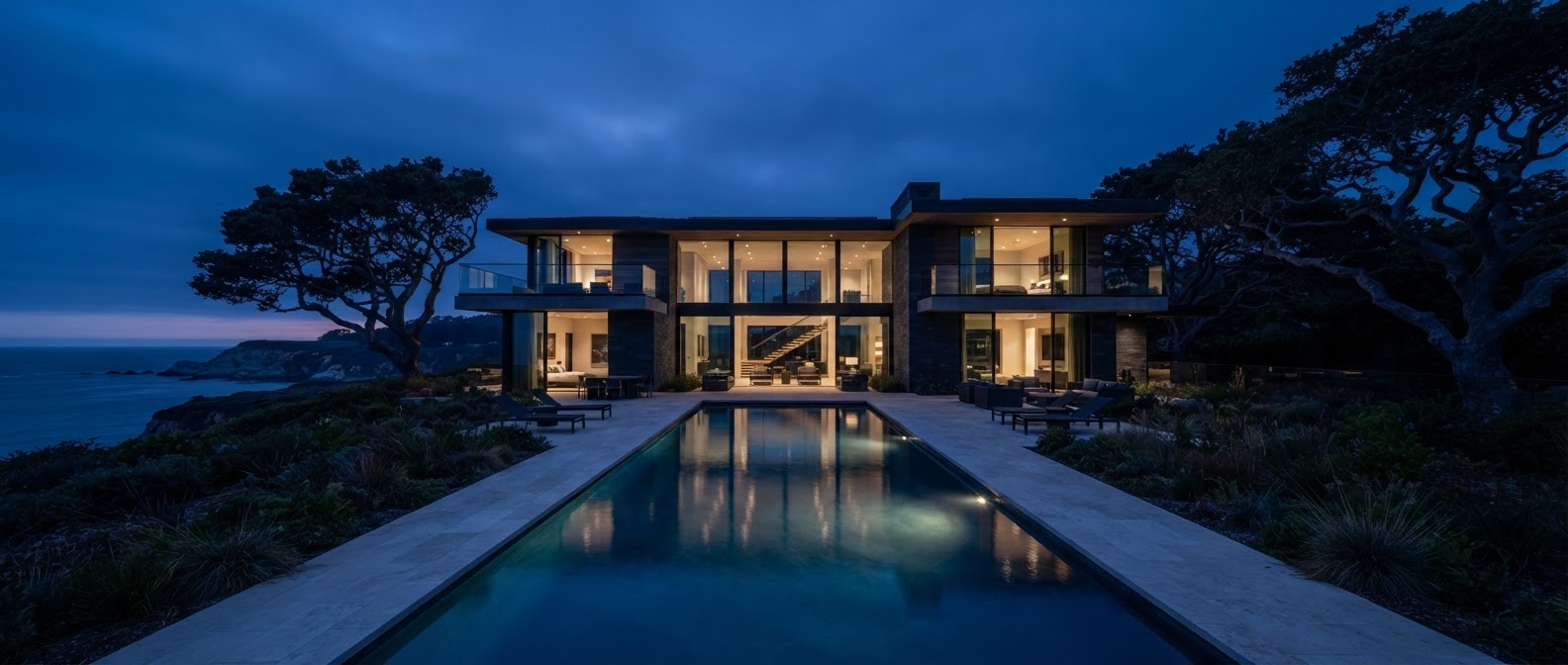 Luxury coastal estate garden at blue hour before illumination