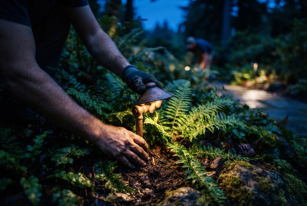 Lighting designer placing a brass fixture carefully among ferns