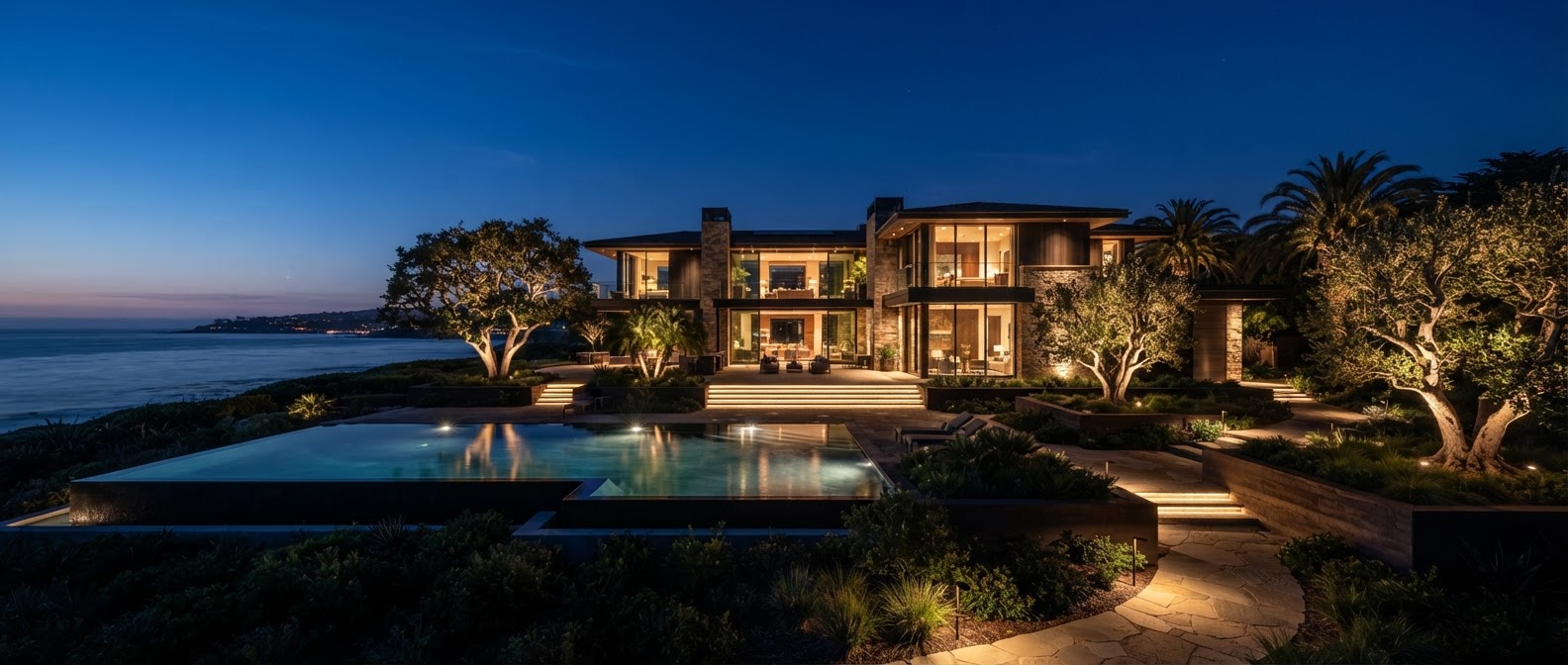 Luxury estate transformed by warm architectural landscape lighting