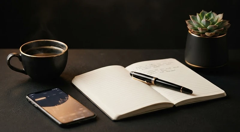 A calm desk scene — notebook, coffee, and a phone softly glowing on a dark surface.