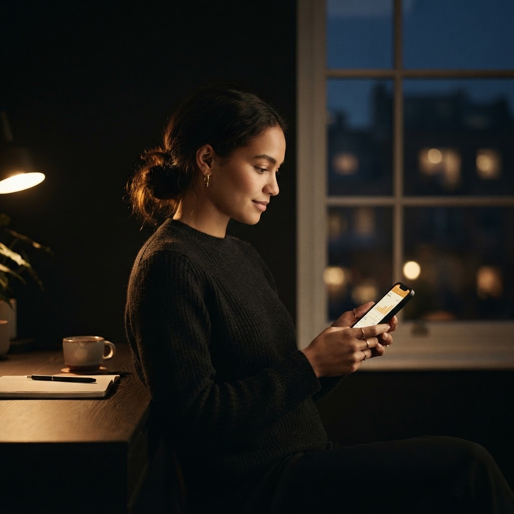 A student calmly reviewing her budget on her phone by a window in the evening.
