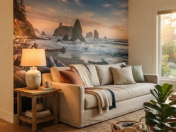Room preview: living room accent wall with a Washington coast sea-stack wallpaper mural