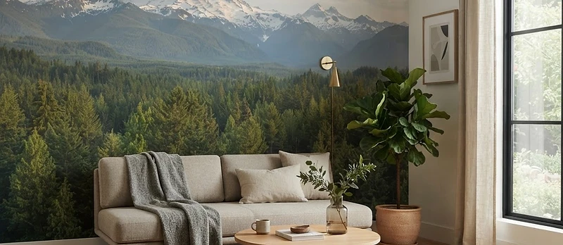 Modern living room with an Olympic Mountains wallpaper mural on the accent wall