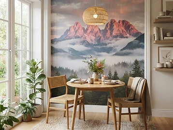 Inspiration: dining nook accent wall with an Olympic peaks sunrise wallpaper mural