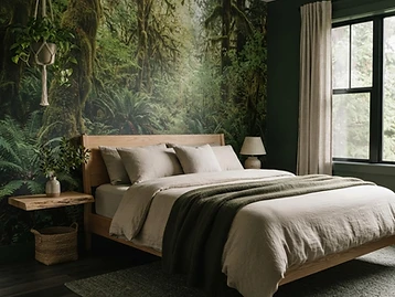 Design visualization: bedroom accent wall with an Olympic Peninsula rainforest wallpaper mural