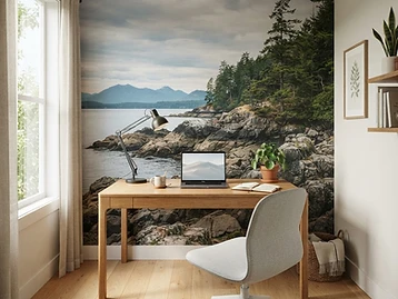 Room preview: home office accent wall with a Pacific Northwest coastal wallpaper mural