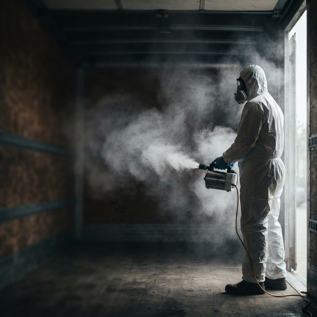 Profesional fumigando vehículo