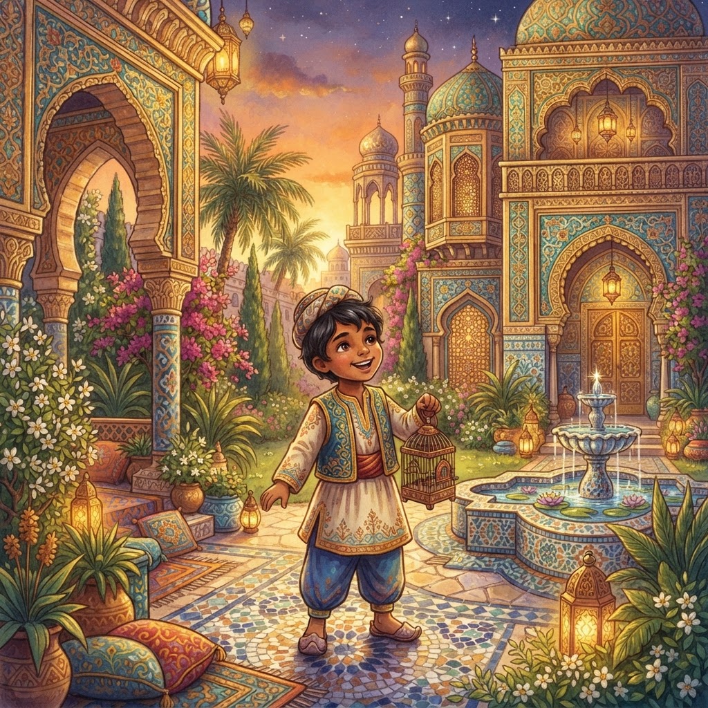 A child reading a personalized Arabic children’s book with right-to-left layout and rich illustrations