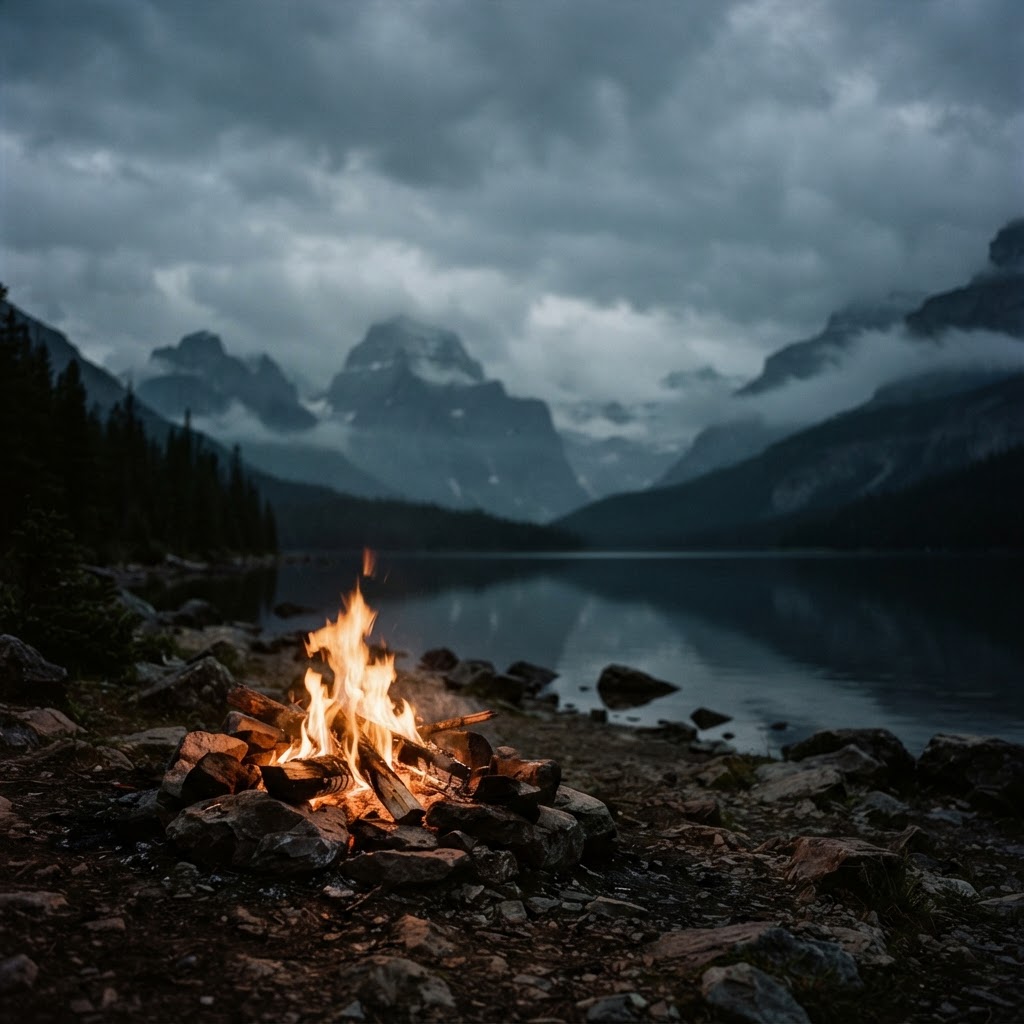 A campfire burning against a misty mountain lake at dusk