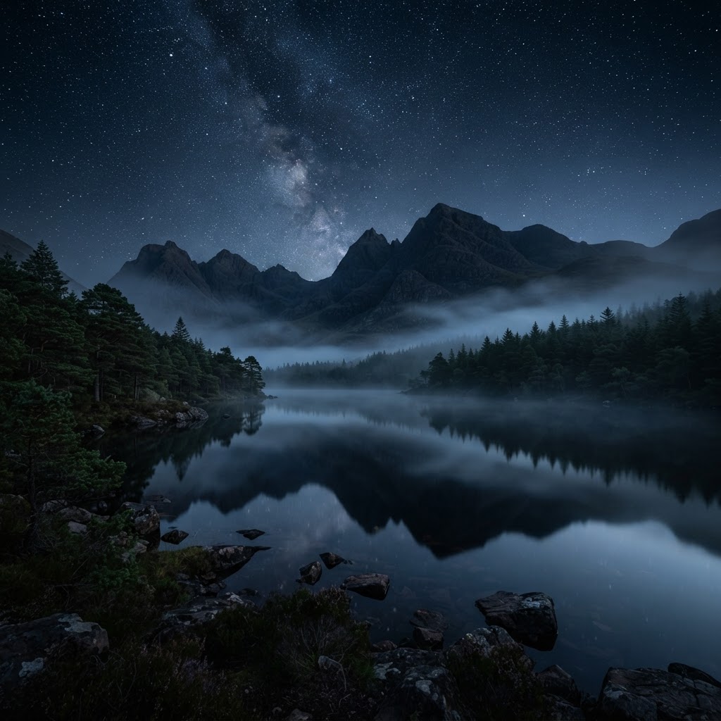A serene mountain lake under a starry night sky