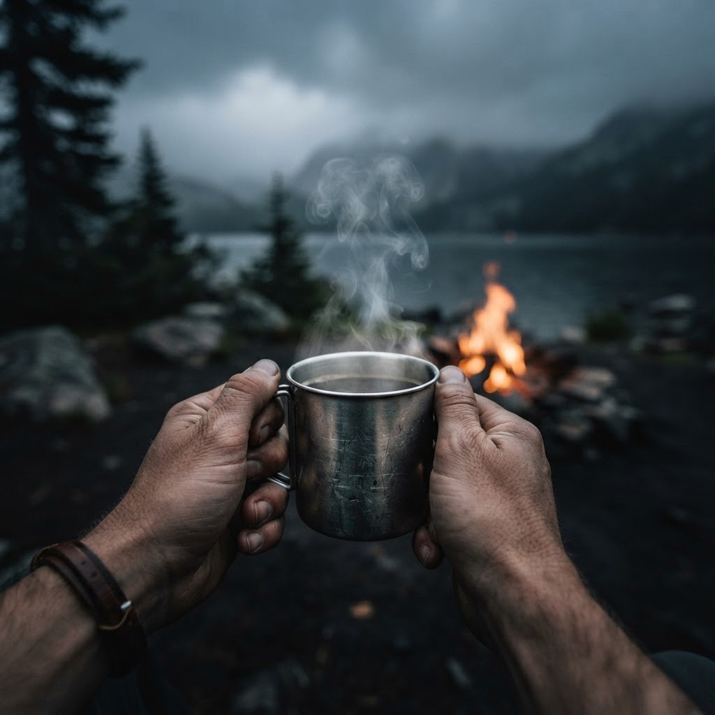 Hands cradling a camping mug beside a glowing campfire