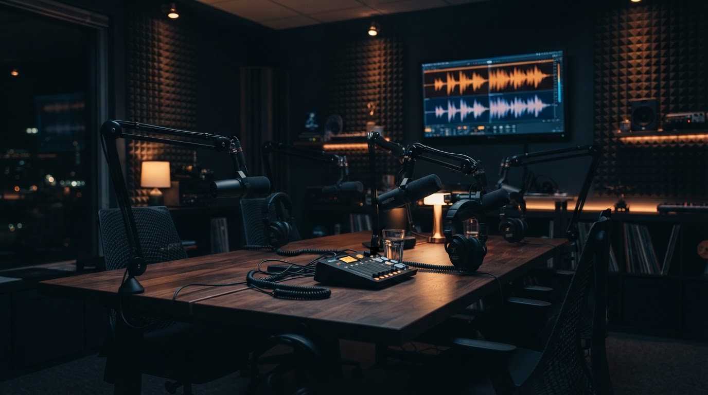 Professional podcast recording studio with microphones, studio monitors and warm ambient lighting