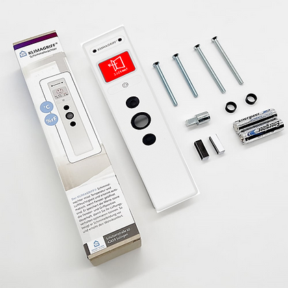 Lieferumfang KLIMAGRIFF® — Gerät, Verpackung, Schrauben, Batterien und Montagematerial