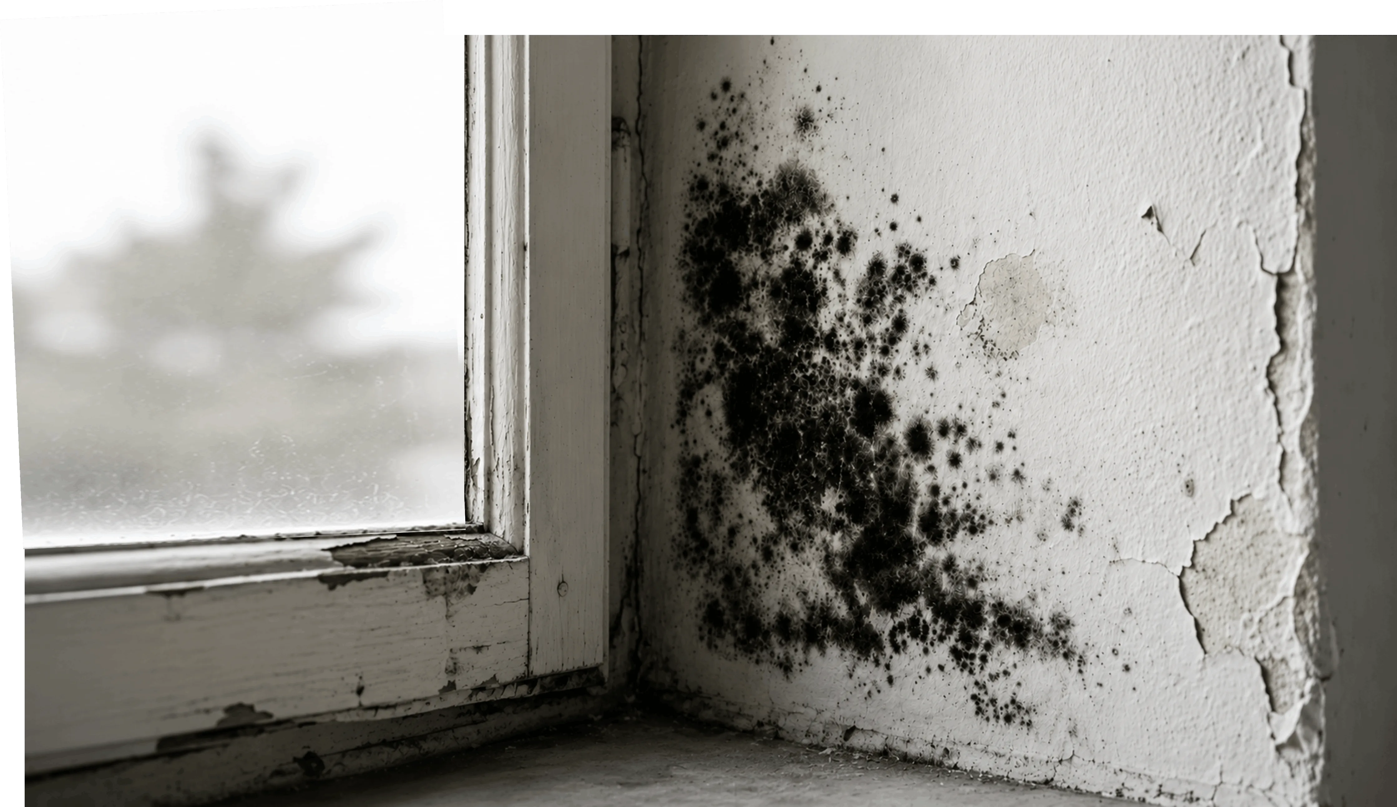 Schimmelbildung an Holzfenster ohne KLIMAGRIFF® Lüftungssensor Schimmelbefall an einer weißen Wand neben einem alten Holzfenster — typisches Schimmelrisiko bei unzureichender Lüftung, vermieden durch KLIMAGRIFF® aus Solingen