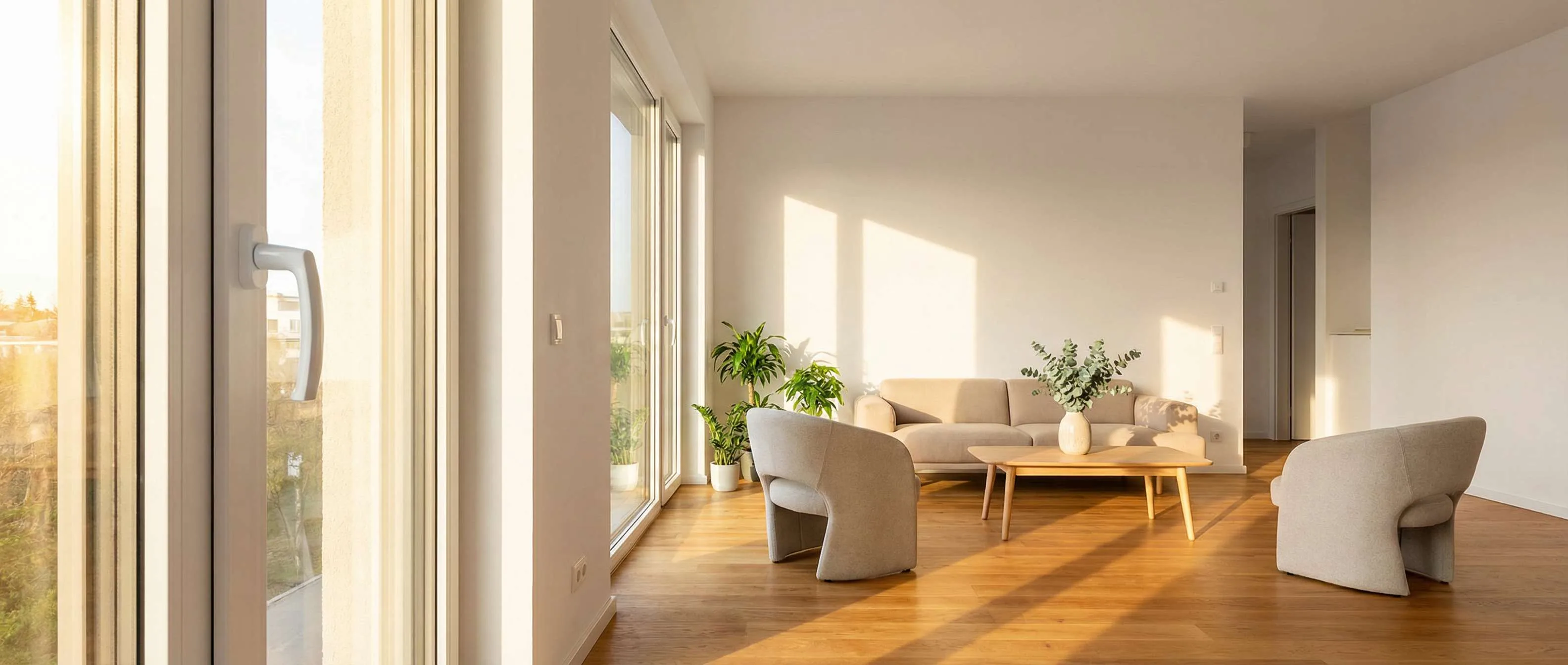 Wohnzimmer einer modernen Mietwohnung mit einladender Atmosphäre Modernes sonnendurchflutetes Wohnzimmer in einer hellen Mietwohnung mit hochwertiger Einrichtung in Solingen — gesundes Raumklima mit KLIMAGRIFF®