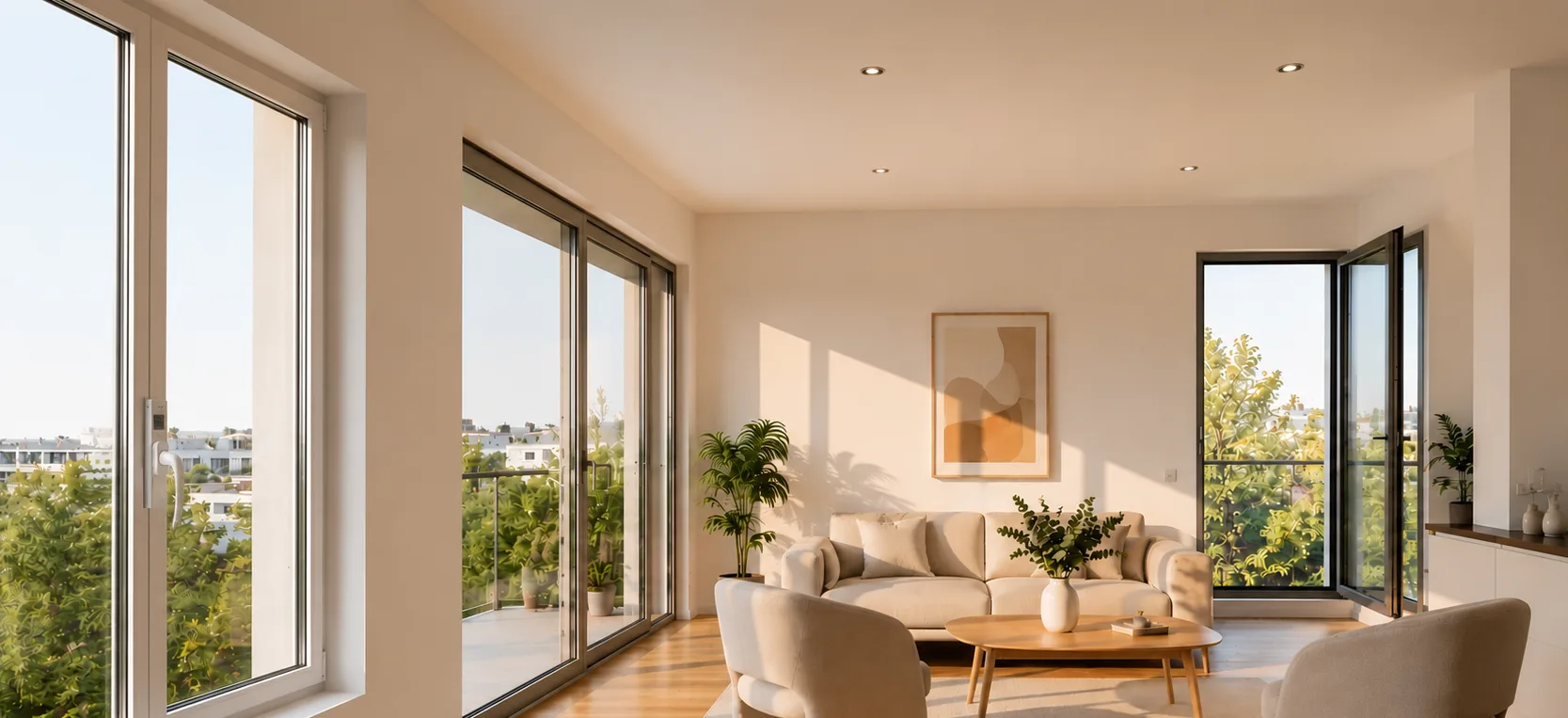 KLIMAGRIFF® Fenstergriff in modernem Wohnzimmer in Solingen KLIMAGRIFF® Fenstergriff elegant integriert in einem hellen, modernen Wohnzimmer — nahtlose Smart-Home-Lüftungslösung aus Solingen