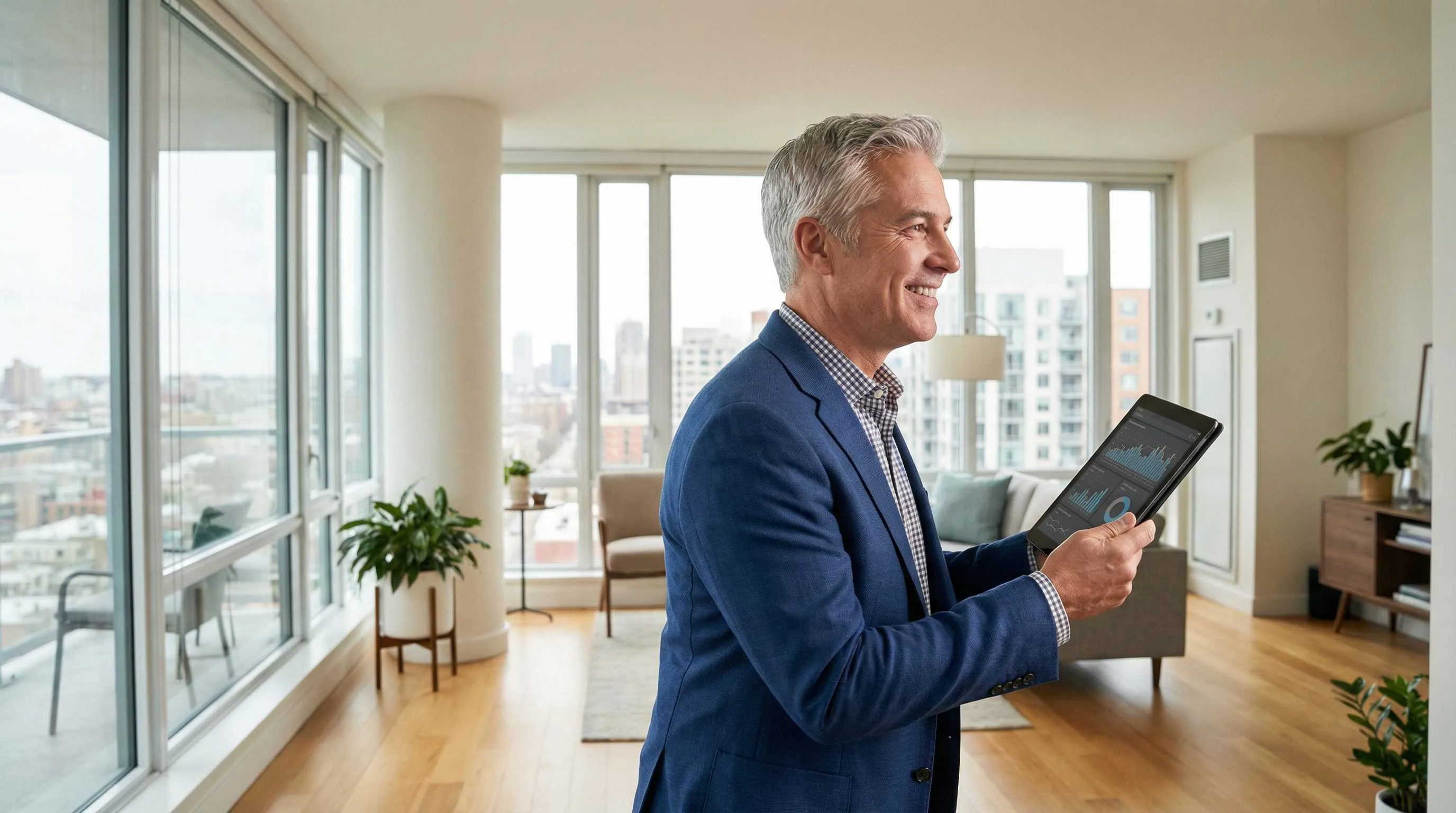 Rechtssichere Lüftungsdokumentation für Vermieter mit KLIMAGRIFF® Zufriedener Vermieter nutzt die KLIMAGRIFF® App zur rechtssicheren Dokumentation des Lüftungsverhaltens auf einem Tablet in moderner Wohnung in Solingen