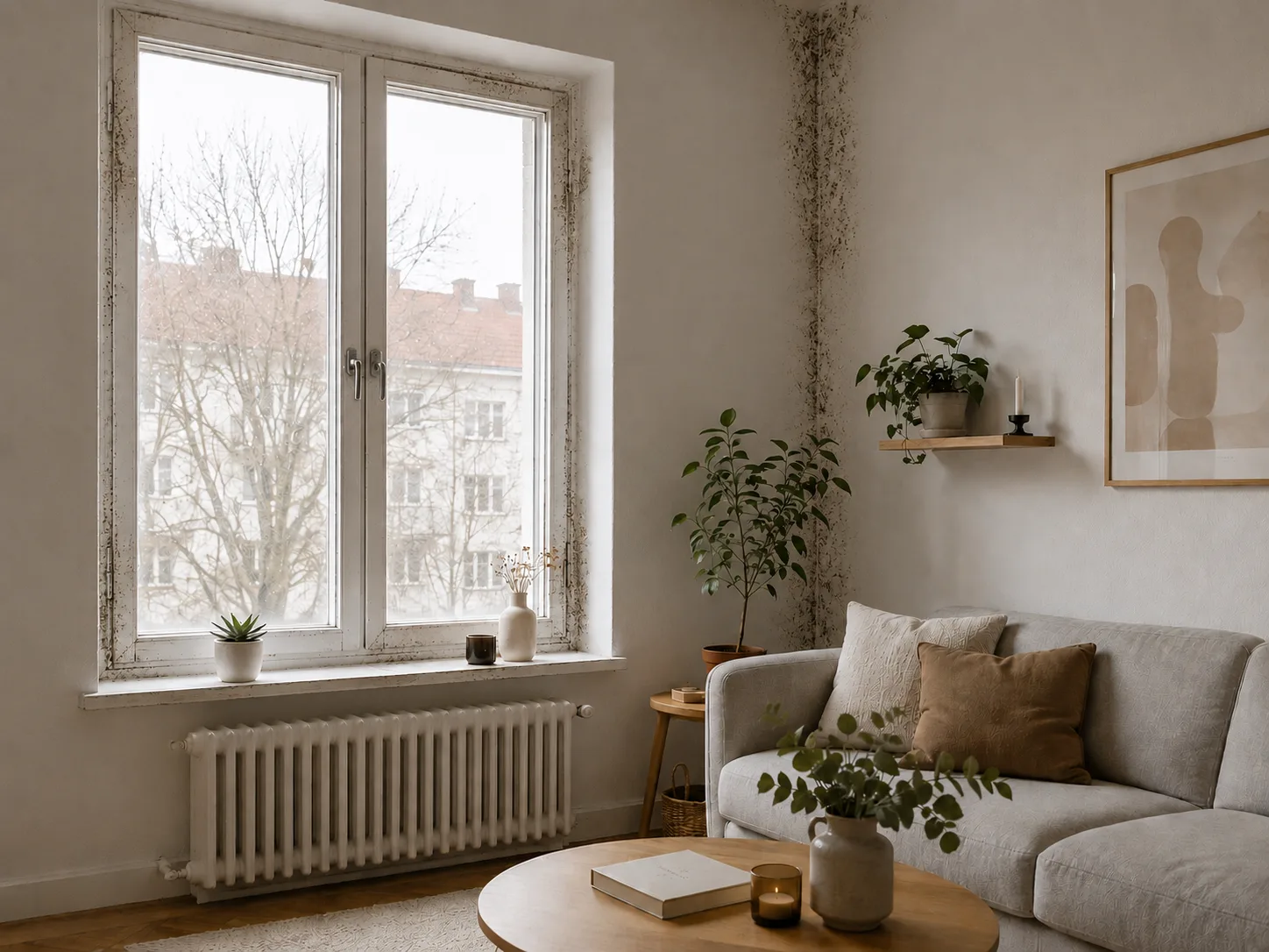 Schimmelbefall in einer Mietwohnung — ein Albtraum für jeden Vermieter Schimmelbefall an der Fensterlaibung einer Mietwohnung — dunkle Schimmelflecken an der Wand neben dem Fenster in Solingen