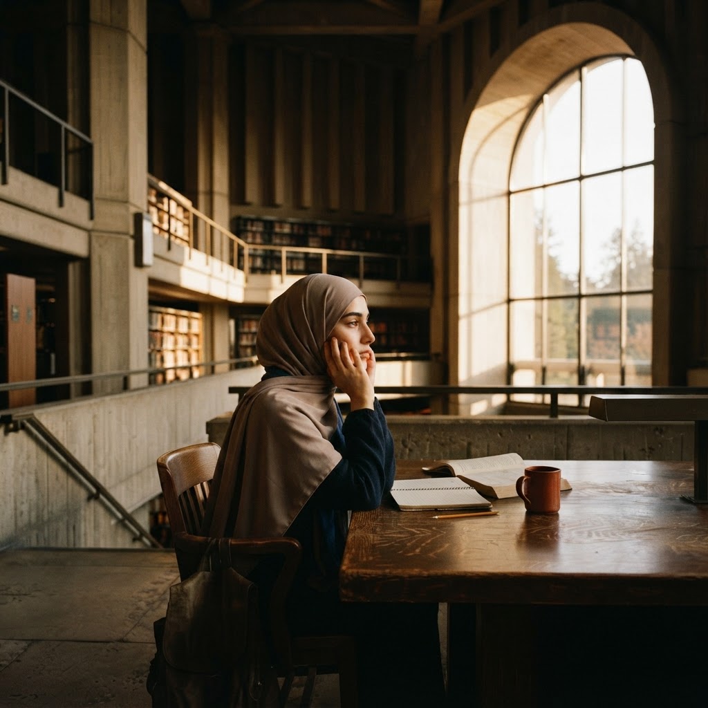 A young woman wearing a hijab, contemplating in a sunlit architectural library