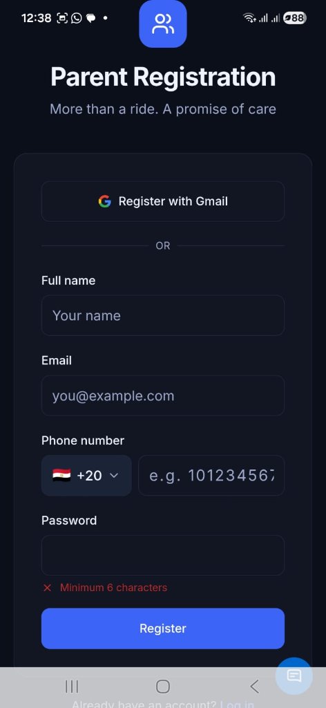 CareDrive parent registration screen