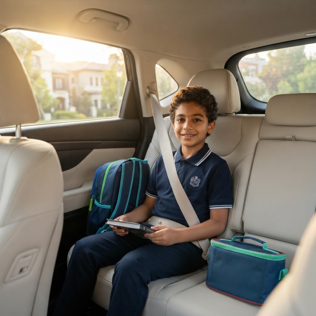 Egyptian child safely riding in a car