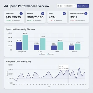 AdPulse dashboard showing ad spend, revenue, ROAS and CPI metrics with charts