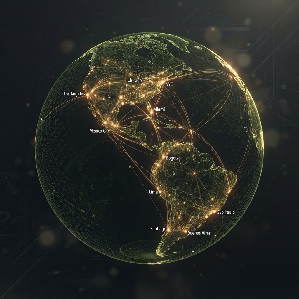 A glowing globe with connected points across the Americas, representing scalability