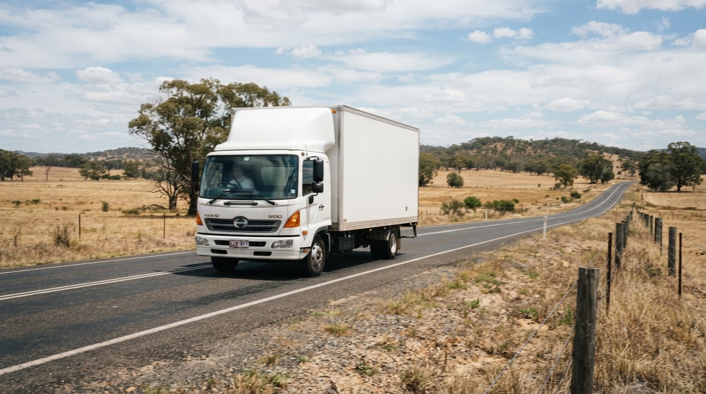 Unbranded moving truck travelling on a regional Australian road
