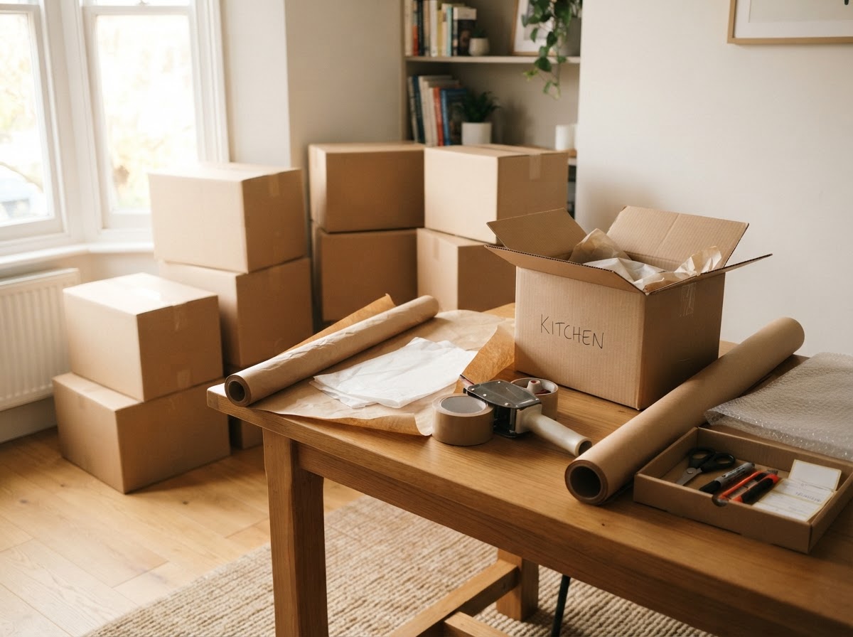 Organised packing materials and plain cardboard boxes ready for a move