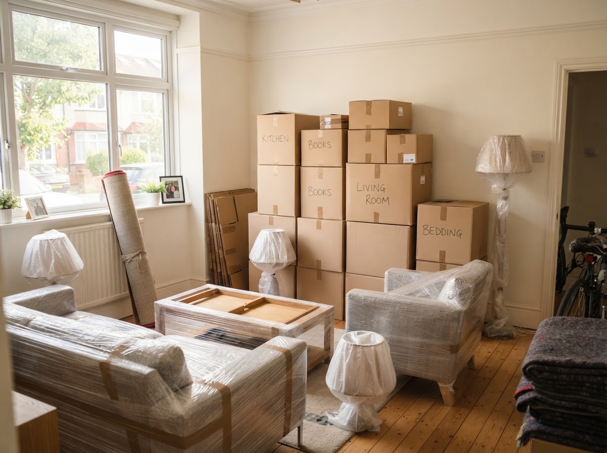 A clean organised room with neatly stacked moving boxes and wrapped furniture