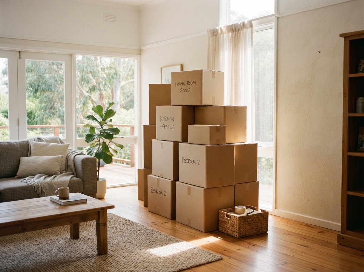 Plain cardboard moving boxes neatly stacked inside a sunlit Australian home