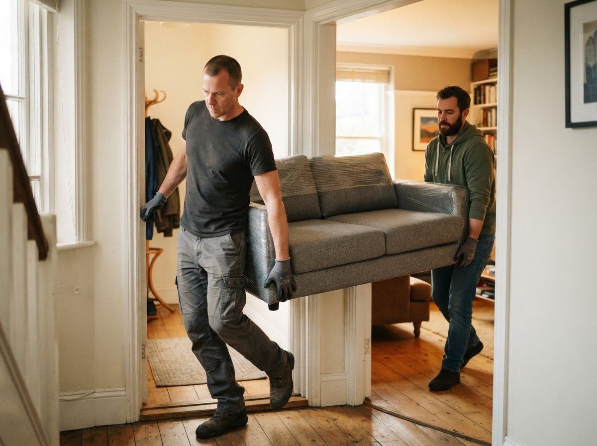 Removalists in plain clothing carrying an unbranded sofa through a doorway