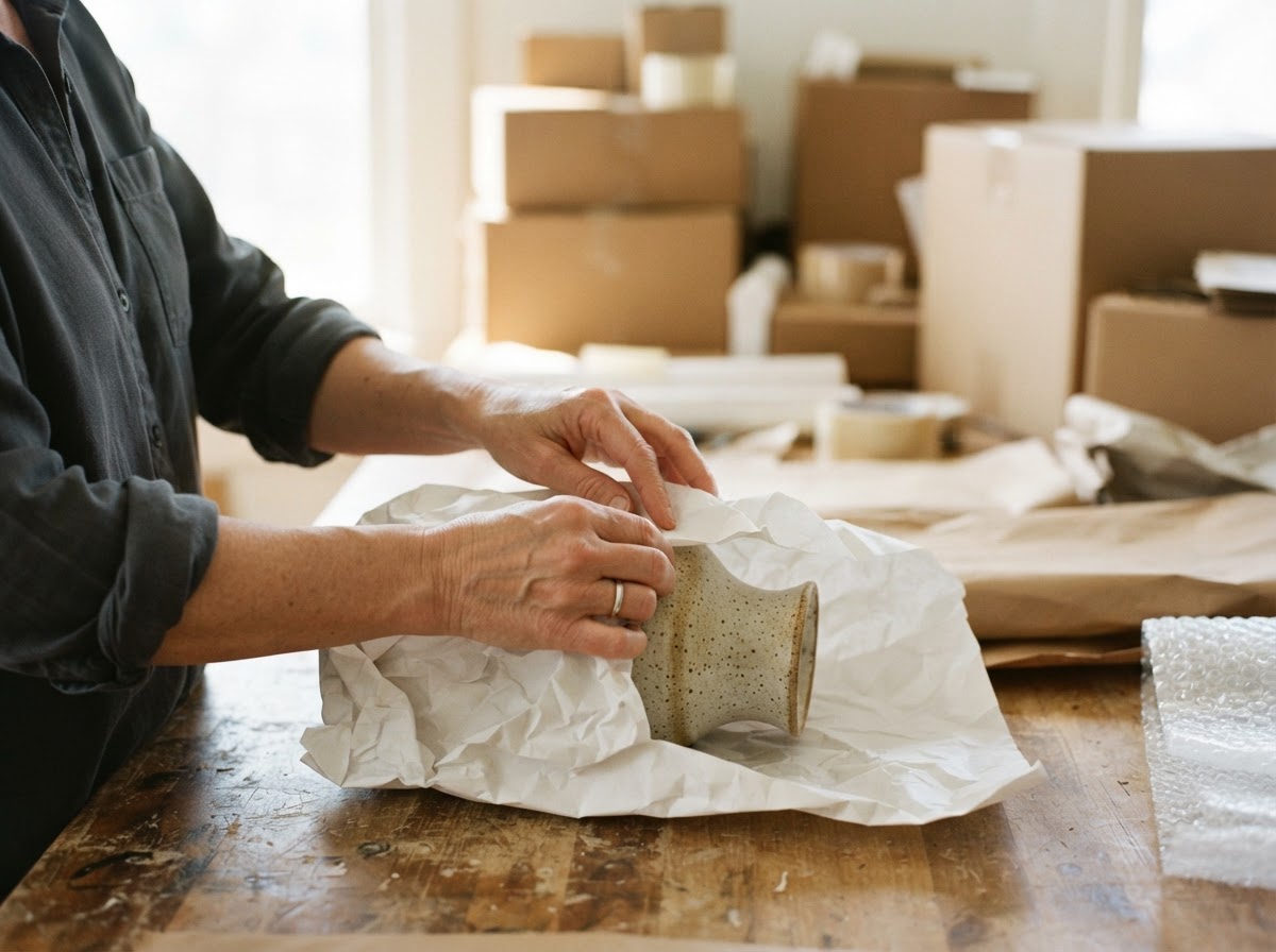 Hands carefully wrapping a ceramic vase in plain white packing paper